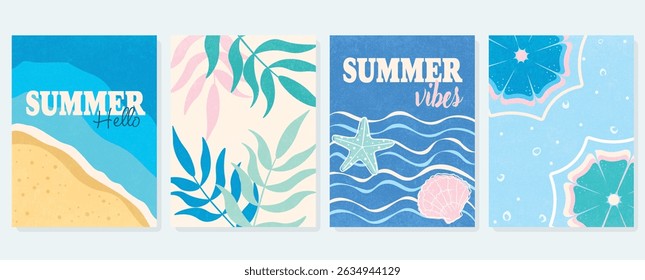 Summer Posters Set, Simple Summer Sea Background, Beach, Palm Leaves, Shell, Starfish, Concept, Vacation, Retro Texture, Vector