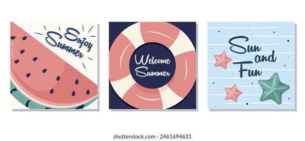  Summer posters set with watermelon, lifebuoy, and starfish. Vector illustration designed with pastel colors.

