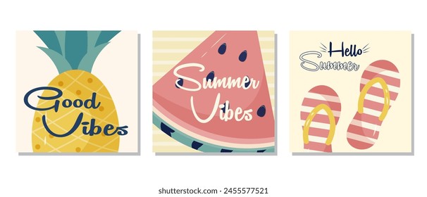 Summer posters set with watermelon, pineapple, and flip-flops. Vector illustration set collection could be used for banner or poster design.