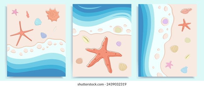 Summer posters with starfish, beach and seashells, summertime banners, seasonal decorative art in flat style. Vector illustration.