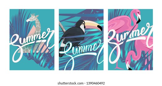 Summer posters with tropical leaves and animals. Vector illustration