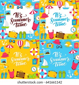 Summer Posters. Vector Illustration of Flat Style Sea Travel Postcards with Lettering.