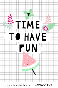 Summer posters with watermelon, ice cream, flower. Vector  scandinavian card. Unusual font. Template for greeting cards, stickers, planner, diary, Notes,Invitations. 90s fashion 