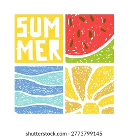 Summer posts template for social media with crayon drawings. Abstract hand drawn banners with flowers, summer, sea waves with chalk texture, vector illustration