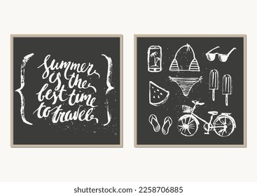 Summer poter set with hand drawn chalk sketches and lettering and grunge texture. Bike, beach bikini, popsicle, watermelon, sunglasses sandals.