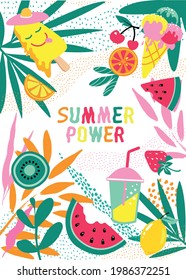 Summer power, mood on a white background. Tropical plants, ice cream, cocktail and fruit, vector illustration.