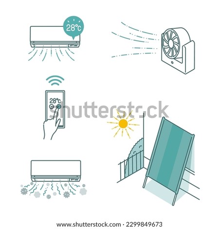 Summer power saving illustration set (temperature control of air conditioner with smartphone app)