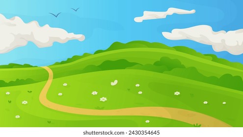 Summer prairie landscape. Grass fields with flowers and sky with fluffy clouds.