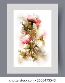 Summer prickly dried flowers and weeds growing in wild fields of southern regions on wall art. Watercolor artwork. Print with dried flowers to create interior bouquets, in frame with decor for poster