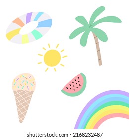 Summer and Pride concept pastel rainbow colorful vivid color collection of summer items cartoon illustration for kids cute style doodle 