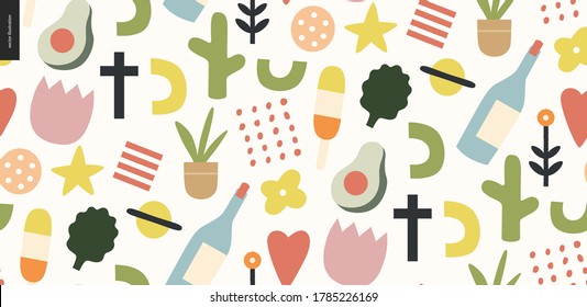 Sommerprimitives nahtloses Muster mit traditionellen saisonalen Elementen - Blumen, Avocado, Eis, Wein, Sättigung, Herz, Pflanzen und ein Kreuz. Handgezeichnetes, flaches Vektordesign, Conceptgrafik