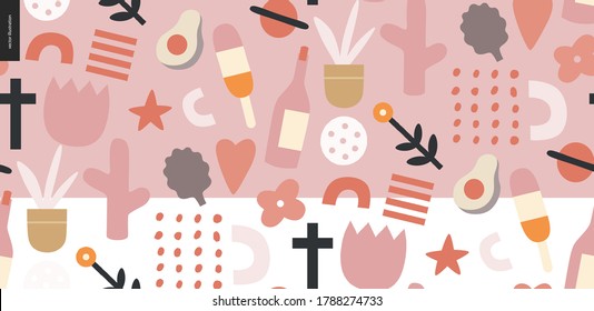 Summer primitive seamless pattern with traditional seasonal elements - flowers, avocado, ice cream, wine, saturn, heart, plants and a cross. Hand drawn flat style vector design, concept illustration