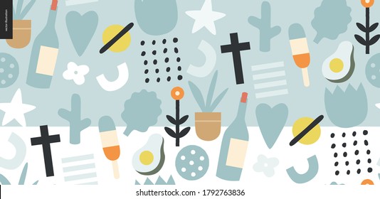 Sommerprimitives nahtloses Muster mit traditionellen saisonalen Elementen - Blumen, Avocado, Eis, Wein, Sättigung, Herz, Pflanzen und ein Kreuz. Handgezeichnetes, flaches Vektordesign, Conceptgrafik