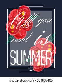 Summer print background with flowers. For t-shirt or other uses. Vector illustration. 