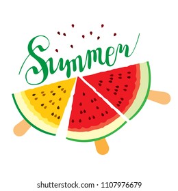 Summer print, banner, logo. The handwritten word is summer. Inscription and lettering. Pieces of watermelon yellow and red. Berry, food, dessert, healthy food