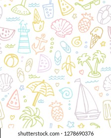 Summer print. Beach seamless pattern. Hand drawn summer background. Beach and Sea doodles. Vector illustration.