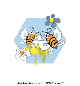 Summer print with bees on a blue background 