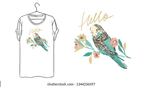 Summer print with bird and flower vector illustration