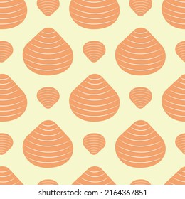 Summer print with bright background. Seashells in vector orange marine seamless pattern.