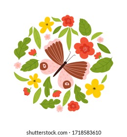Summer print with butterfly in a circle of flowers and leaves. Vector illustration on a white background.