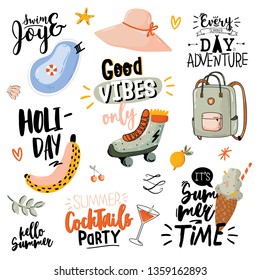 Summer print with cute holiday elements and lettering isolated on white background.  Hand drawn trendy style. Vector. Good for fabric design, labels, tags, web, banner, poster, card,  flyer