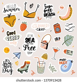 Summer print with cute holiday elements and lettering isolated on white background.  Hand drawn trendy style. Vector. Good for fabric design, labels, tags, web, banner, poster, card,  flyer