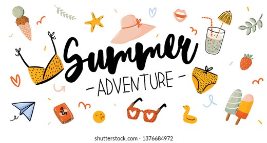 Summer print with cute holiday elements and lettering on color background.  Hand drawn trendy style. Vector. Good for invitations, labels, tags, web, banners, posters, cards and flyers