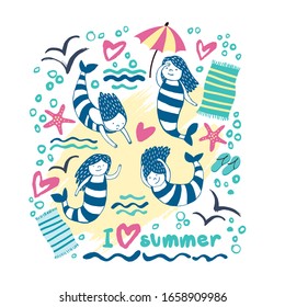 Summer print with cute mermaids. Perfect for postcards, banners, fabrics and more.