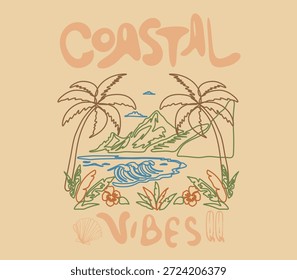 Summer print design. beach graphic. costal vibes. Sea shell draw. line art. t-shirt design. mountain artwork. palm tree vector