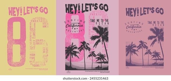 Summer print Design for beach vibes, women's girls color tone text slogan with palm beach artwork , sunshine beach view , California Ocean, take me to the sunshine