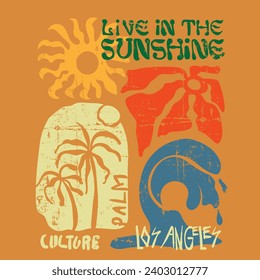 Summer print design elements for wave, palm tree, sun and live in the sunshine slogan typography text print