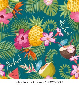  Summer print design. Pineapple flat illustration. Tropical background seamless pattern. Exotic flowers print pattern. Aloha simbol. Exotic fruits and flowers vector. Tropical beach wallpaper.