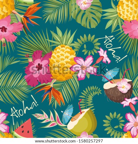  Summer print design. Pineapple flat illustration. Tropical background seamless pattern. Exotic flowers print pattern. Aloha simbol. Exotic fruits and flowers vector. Tropical beach wallpaper.