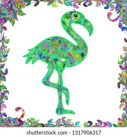Summer Print Design. Seamless hand drawn cute flamingo. Children print on t-shirt in blue, green and white colors. Vector illustration. Suitable for paper, fabric, packaging.
