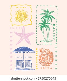 summer print design in vector. tropical beach t-shirt design. hand drawing vector graphic. sunset, star fish, palm tree, relax chair with umbral together beach name make print artwork