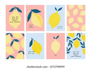 Summer print in flat style with lemon. Hand drawn quote When life gives you lemons make lemonade.
