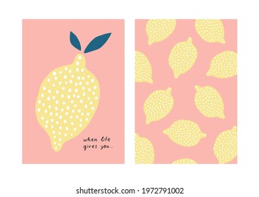 Summer print in flat style with lemon. Hand drawn quote When life gives you lemons make lemonade.