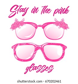 Summer print with glasses and roses. Vector image isolated.