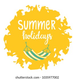 Summer print. Hammock, sand isolated on white background. Summer holidays lettering, handwriting