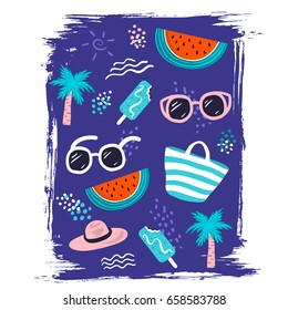 Summer print with hand drawn beach elements such as sunglasses, palm, watermelon slice, tote bag, ice cream, hat. Fashion design for t-shirt, poster, greeting card, party invites, textile. Vector