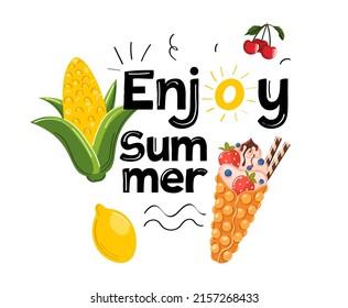Impresión veraniega, etiqueta, pegatina, logo, etiquetas dibujadas a mano y elementos para vacaciones de verano, viajes, vacaciones en la playa. Ilustración del vector