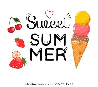 Summer print, label, sticker, logo, hand drawn tags and elements for summer vacation, travel, beach holiday. Vector illustration