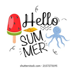 Summer print, label, sticker, logo, hand drawn tags and elements for summer vacation, travel, beach holiday. Vector illustration