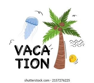 Summer print, label, sticker, logo, hand drawn tags and elements for summer vacation, travel, beach holiday. Vector illustration