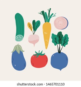 Summer print in modern style with your own vegetables. Hand drawn vegan vegetables poster. Carrots, beets, tomatoes, cucumbers, radishes, asparagus