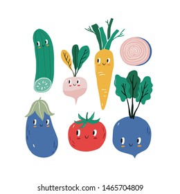 Summer print in modern style with your own vegetables. Hand drawn vegan vegetables poster. Cartoon vegetables character - Carrots, beets, tomatoes, cucumbers, radishes, asparagus