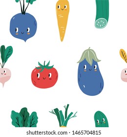 Summer print in modern style with your own vegetables. Hand drawn vegan vegetables poster. seamless pattern - Cartoon vegetables character - Carrots, beets, tomatoes, cucumbers, radishes, asparagus