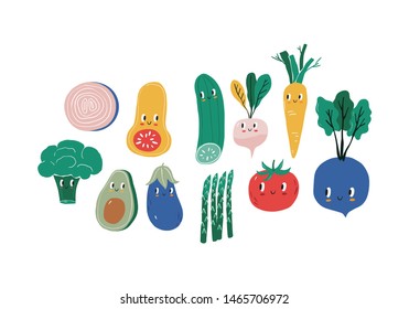 Summer print in modern style with your own vegetables. Hand drawn vegan vegetables poster. Cartoon vegetables character - Carrots, beets, tomatoes, cucumbers, radishes, asparagus