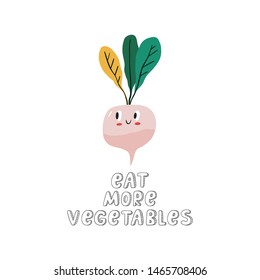 Summer print in modern style with your own vegetables. Hand drawn vegan poster. Cartoon radishes vegetables character and quote - eat more vegetables 