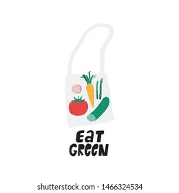 Summer print in modern style with your own vegetables. Hand drawn vegan vegetables poster. Handwritten quote - Eat green. Bag for vegetables